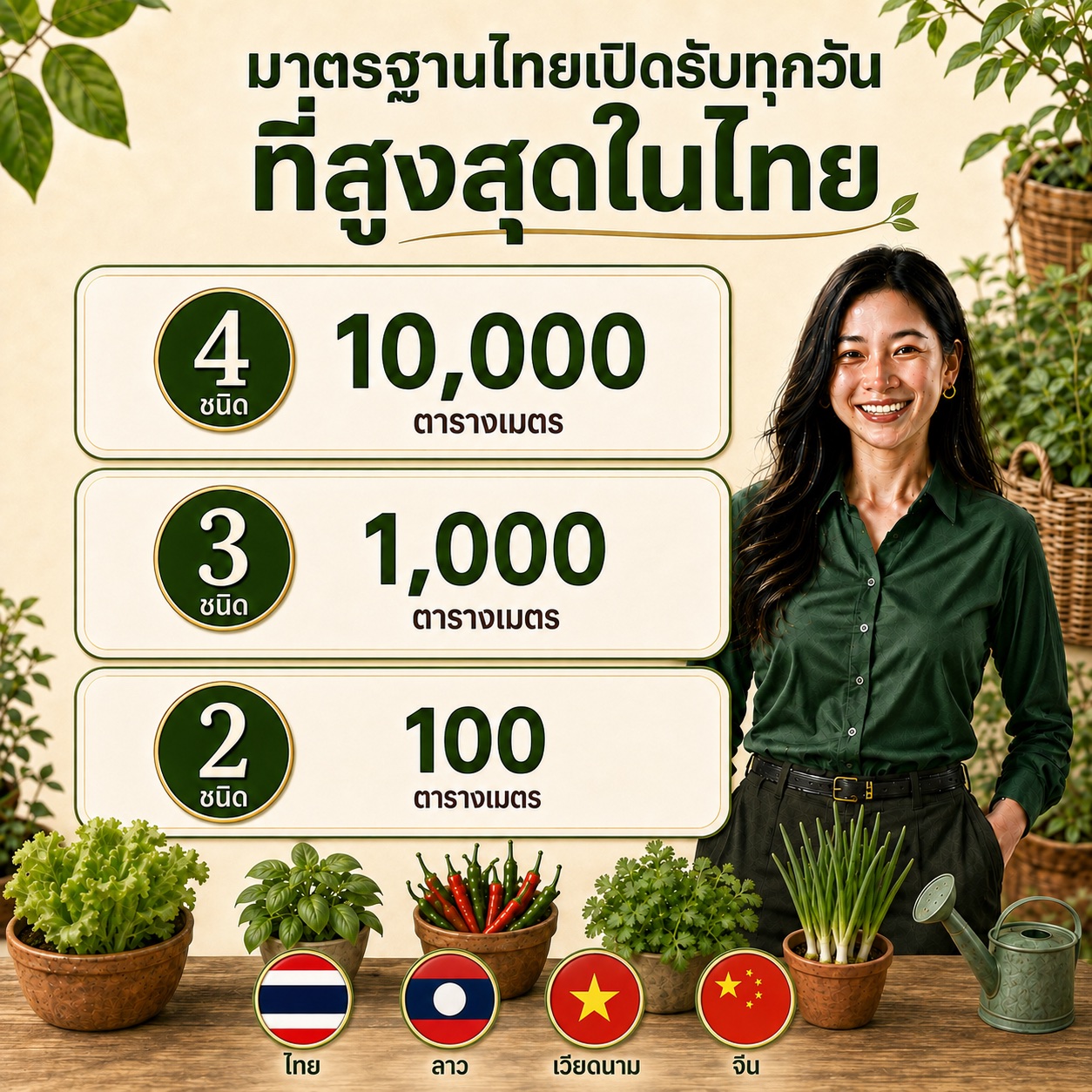 ตารางพื้นที่ 10,000 1,000 และ 100 ตารางเมตร พร้อมธงไทย ลาว เวียดนาม และจีน